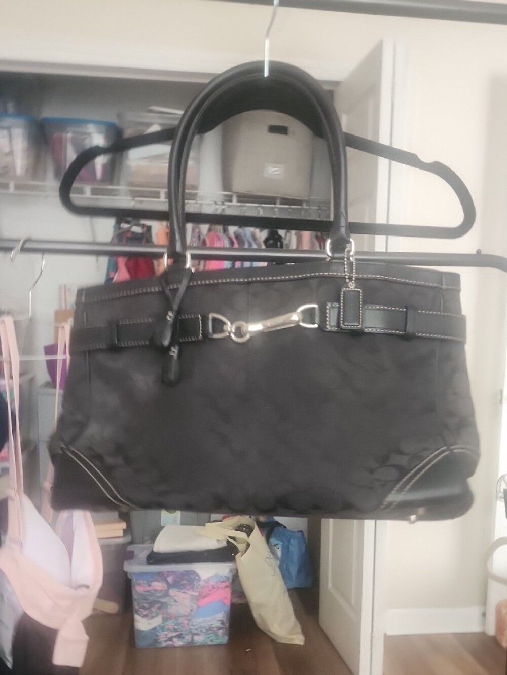 VEUC Coach Black Initial C print Women's Satchel Handbag w/Silver Hardware